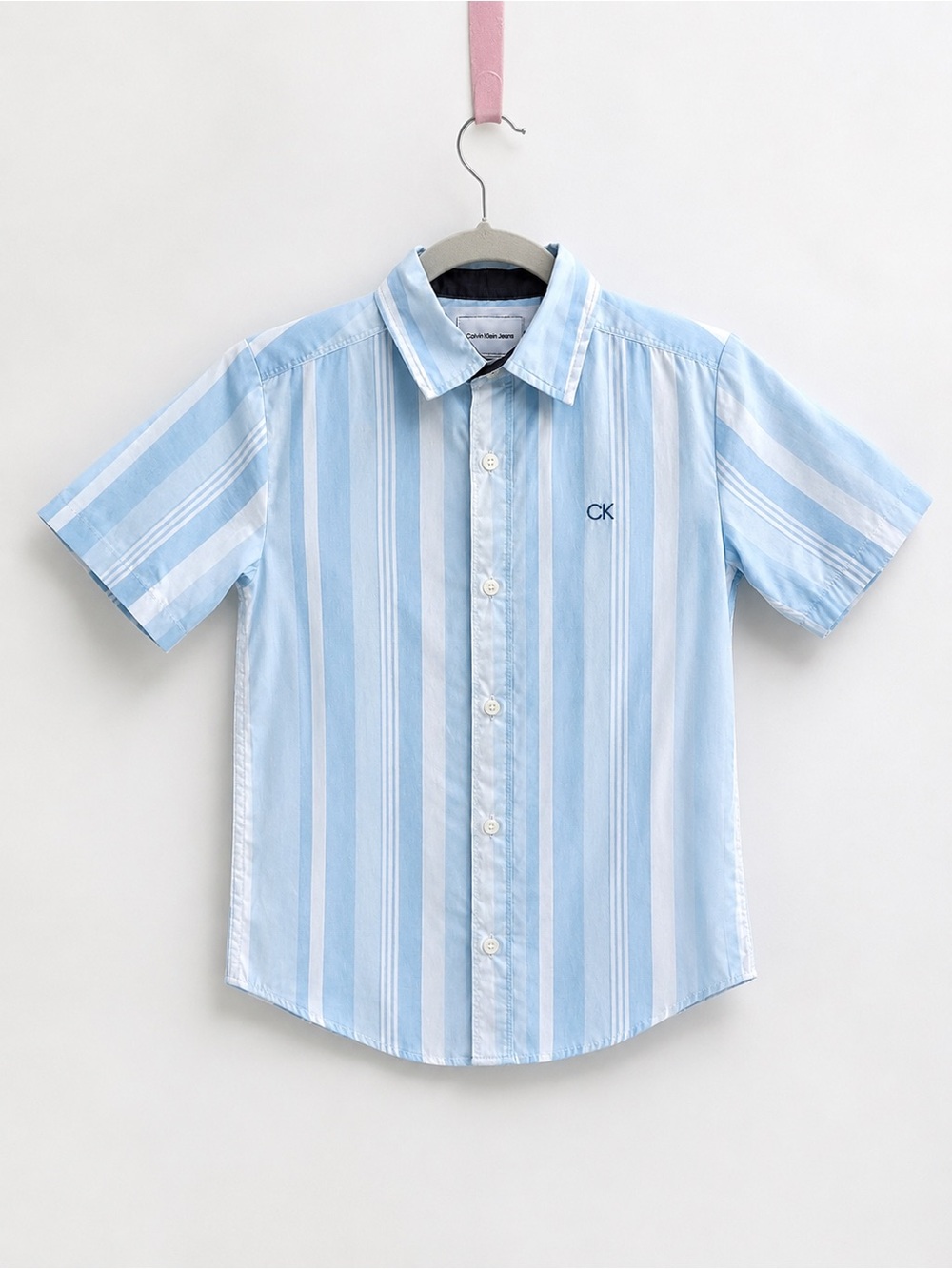 Calvin Klein Boys Striped Button-Up Shirt Size 8 Light Blue White Short Sleeve